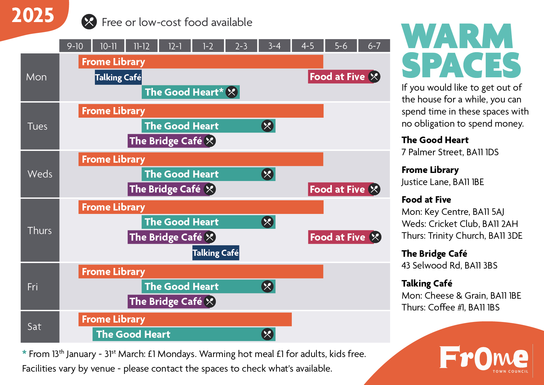 Calendar of warm spaces provision in Frome. Please call 01373 465 757 if you are unable to read the calendar and would like information on warm spaces 